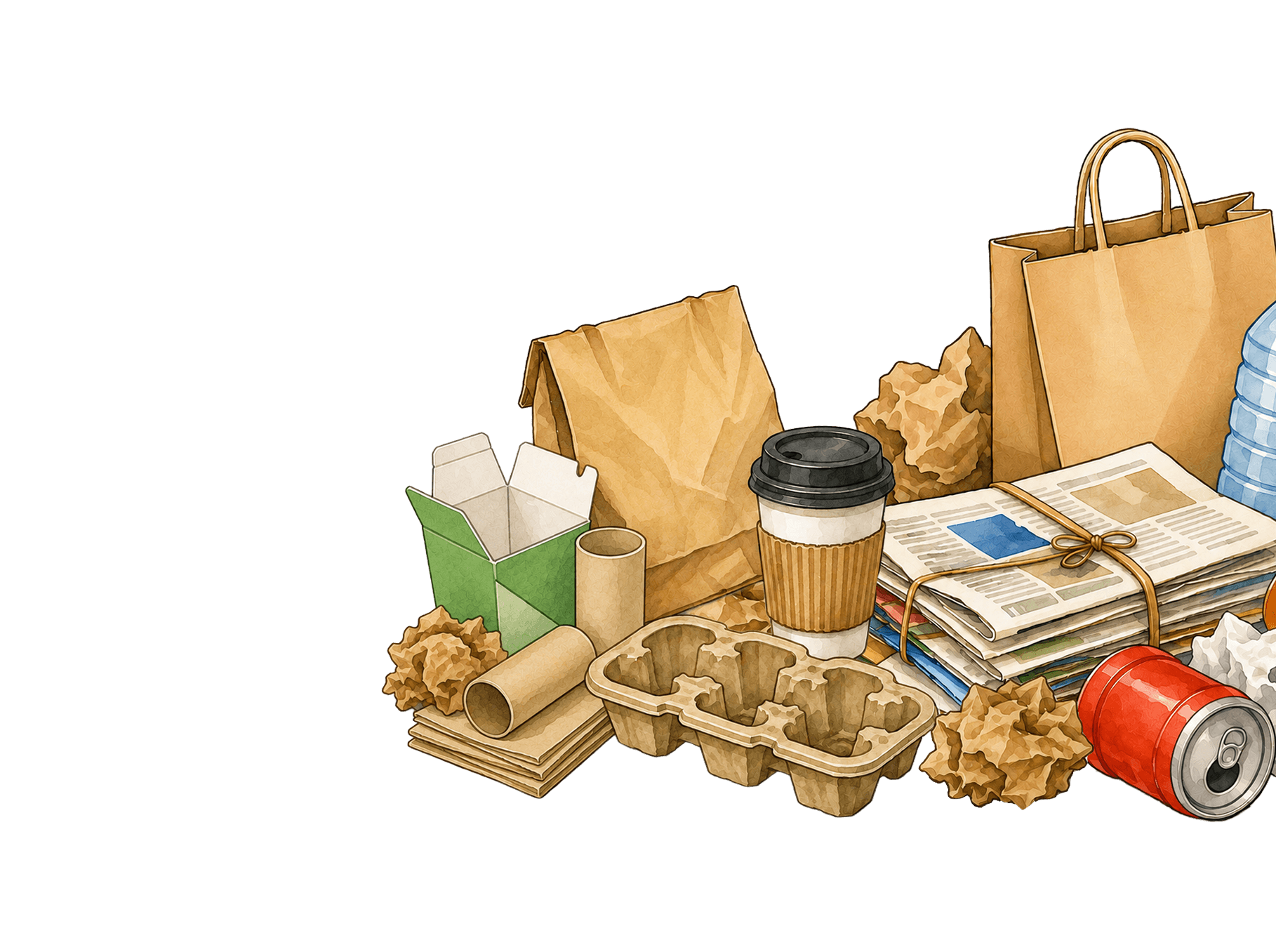 Illustration of recyclable materials including cardboard, plastic bottles, tin cans, and paper cartons