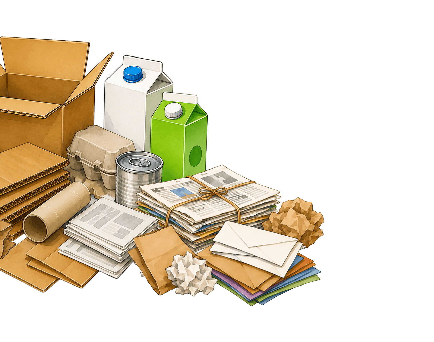 Illustration of recyclable materials including cardboard, plastic bottles, tin cans, and paper cartons
