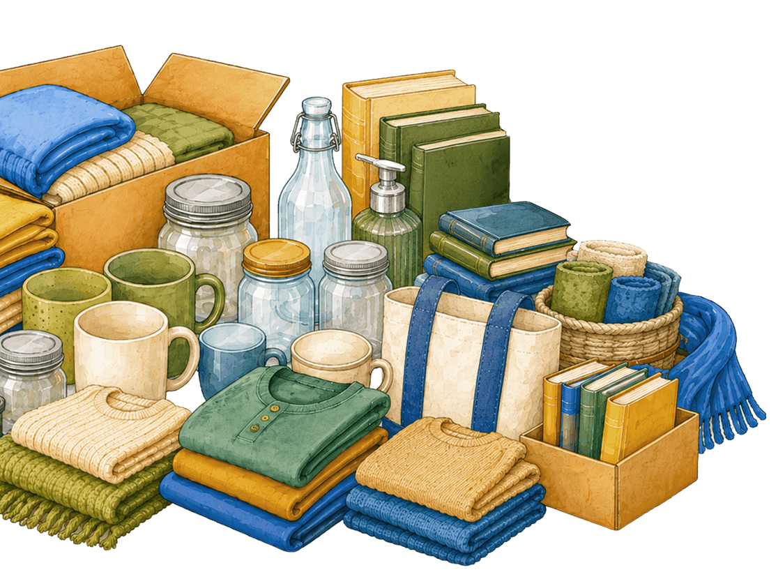 Illustration of household items for donation such as clothing, dishware, and books