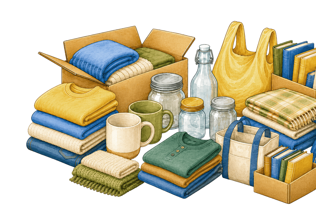 Illustration of household items for donation such as clothing, dishware, and books