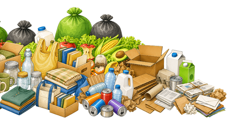 Illustration of recyclable, donatable, and compostable materials