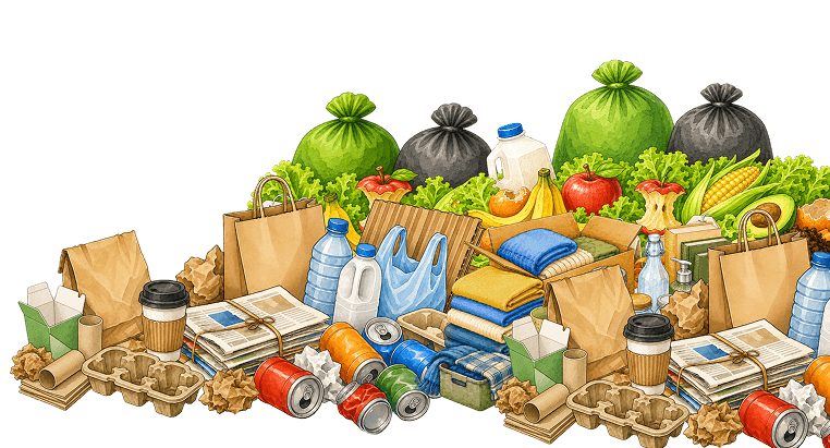 Illustration of recyclable, donatable, and compostable materials